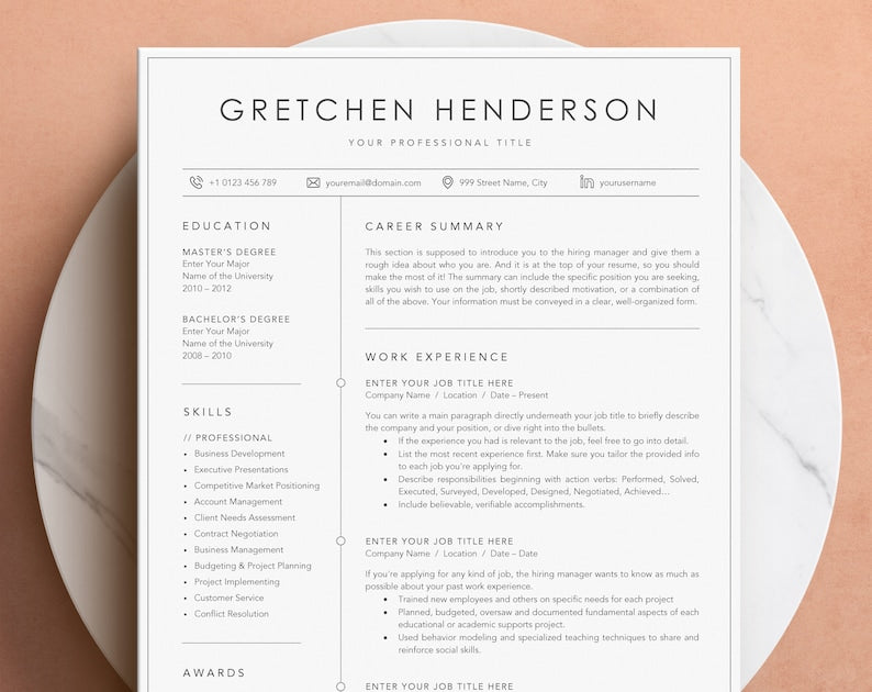 Professional Resume Template for Word, Pages, Google Docs + Business Card | Minimalist Resume | Resume CV Instant Download